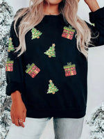Sequin Christmas Trees Gifts Patched Drop Shoulder Sweatshirt