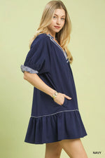 Umgee French Terry Mini Dress with Ruffled Striped Trim