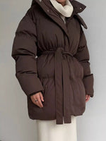Mid-Length Thickened Hooded Winter Coat with Belted