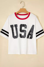 USA Letter Printed Varsity Striped Sleeve Round Neck Tee