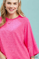Round Neck Textured Floral Terry Blouse