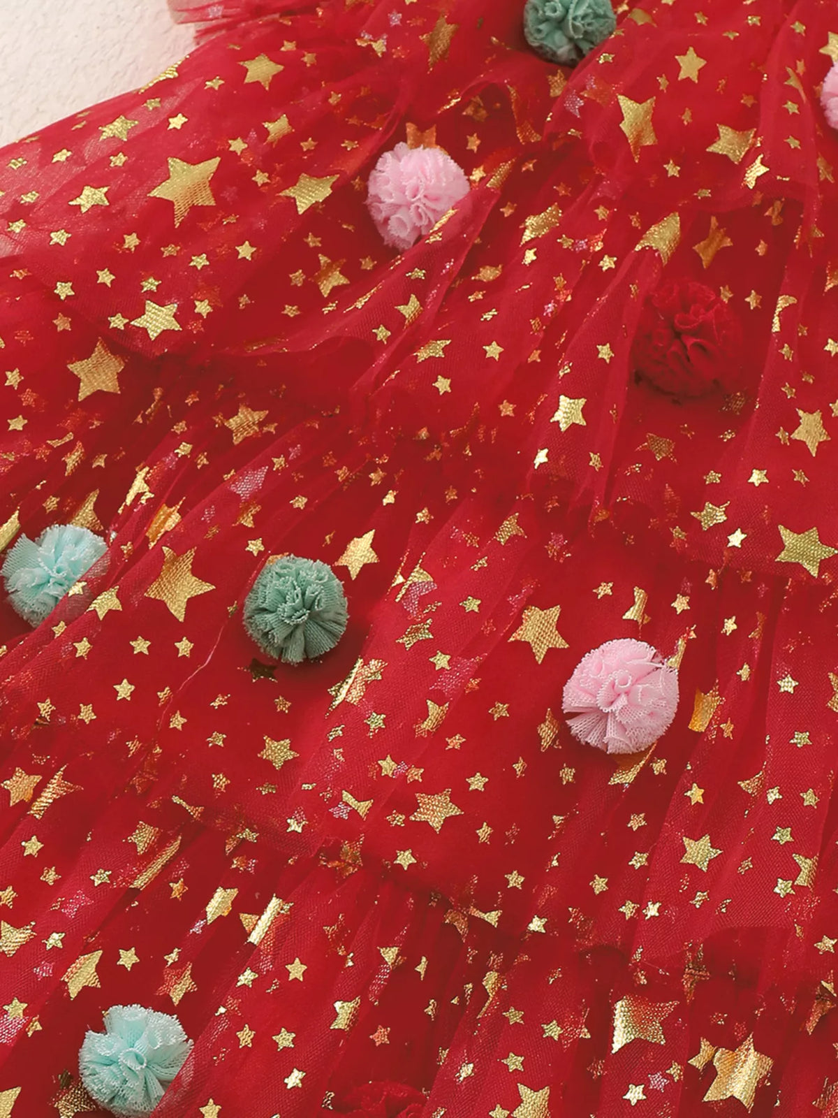 Children's Star Print Pom-Pom Embellishments Tulle Dress