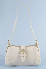 Fame Studded Saffiano Buckle Strap Shoulder Bag