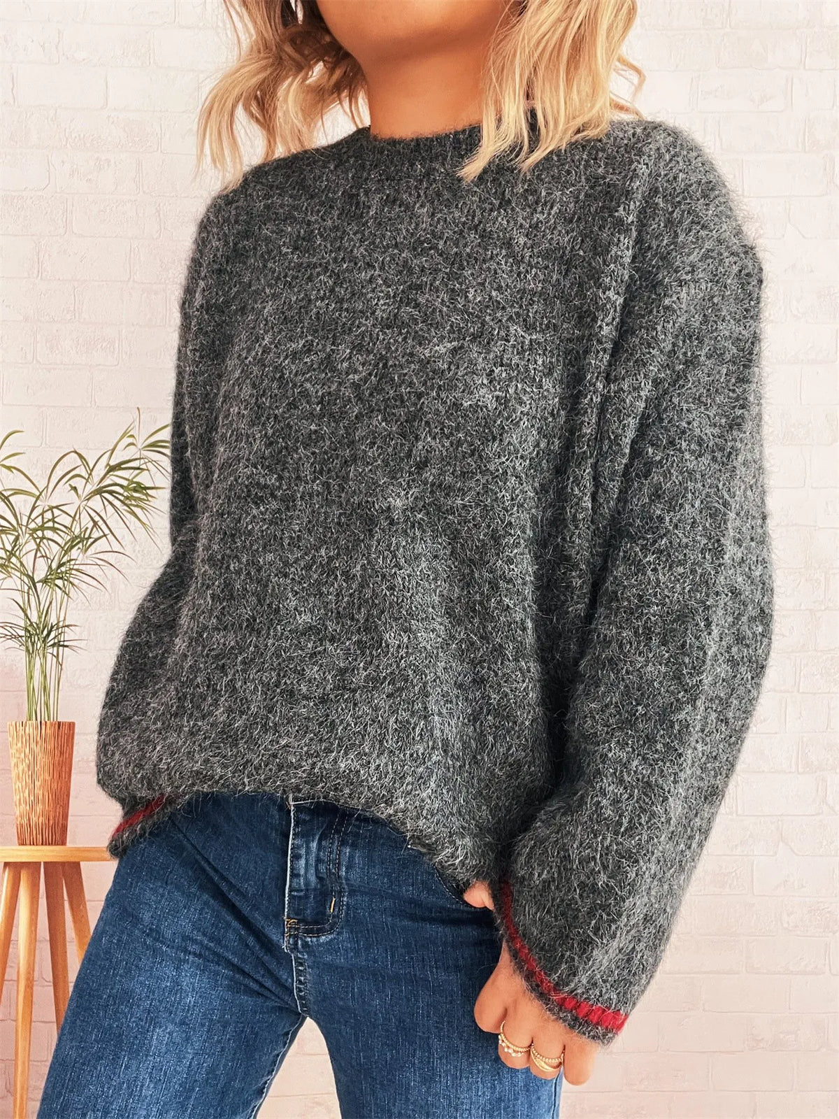 Contrast Trim Round Neck Cozy Sweater