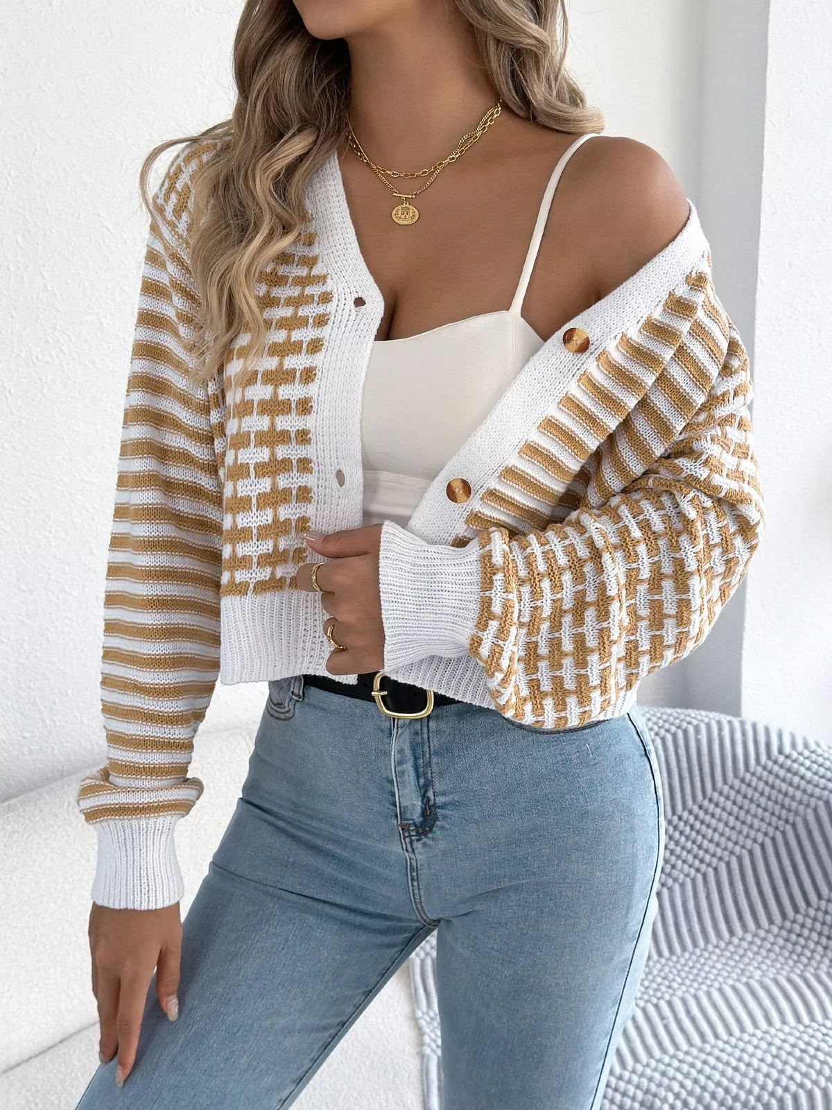 Striped Button-Up Cropped Cardigan