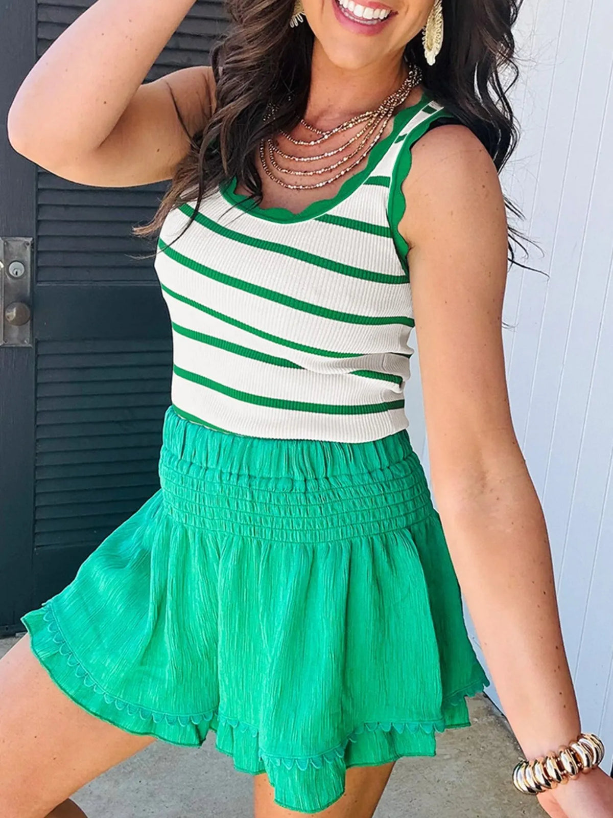 Stripe Scalloped Edge Crew Neck Knit Tank Top