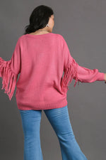 Umgee Full Size Fringe Round Neck Long Sleeve Sweater Plus Size