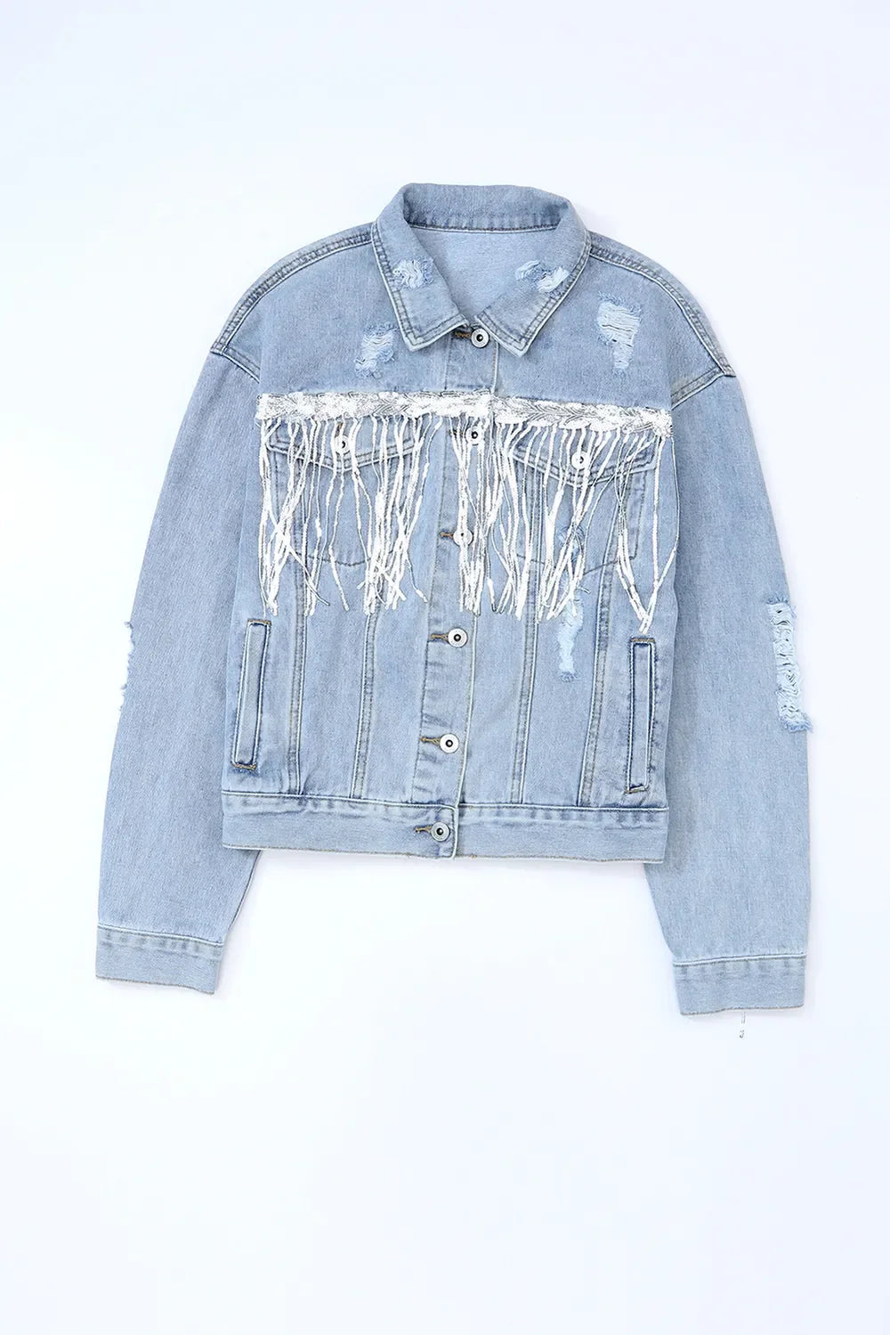 Sequin Fringe Trim Distressed Button Up Denim Jacket