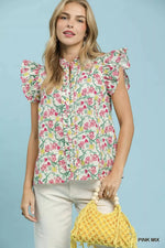 Umgee Floral Print RuffleCap Sleeve Shirt