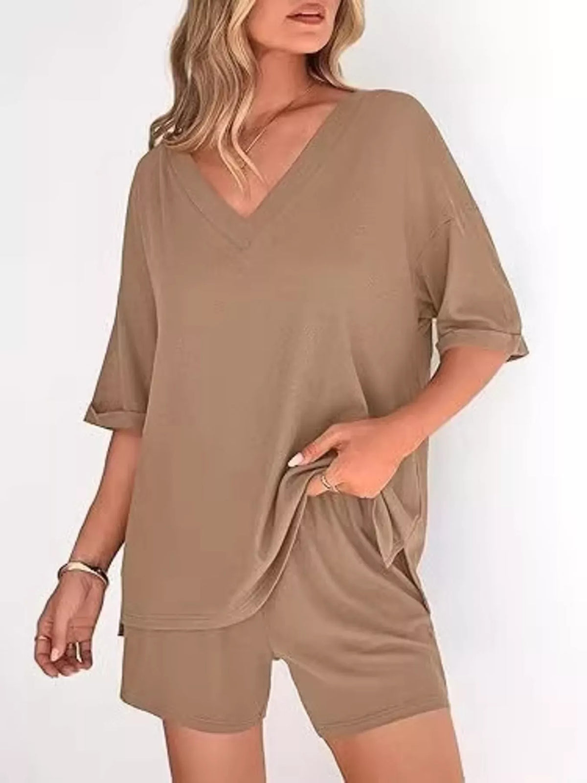 Solid Color V-Neck and Shorts Set