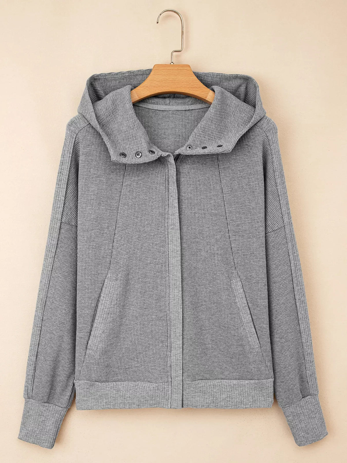 Waffle Splicing Zip Up Front Button Hooded Jacket