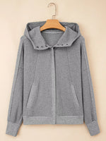 Waffle Splicing Zip Up Front Button Hooded Jacket