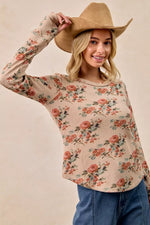BiBi Floral Print Washed Waffle Thermal Top with Thumb
