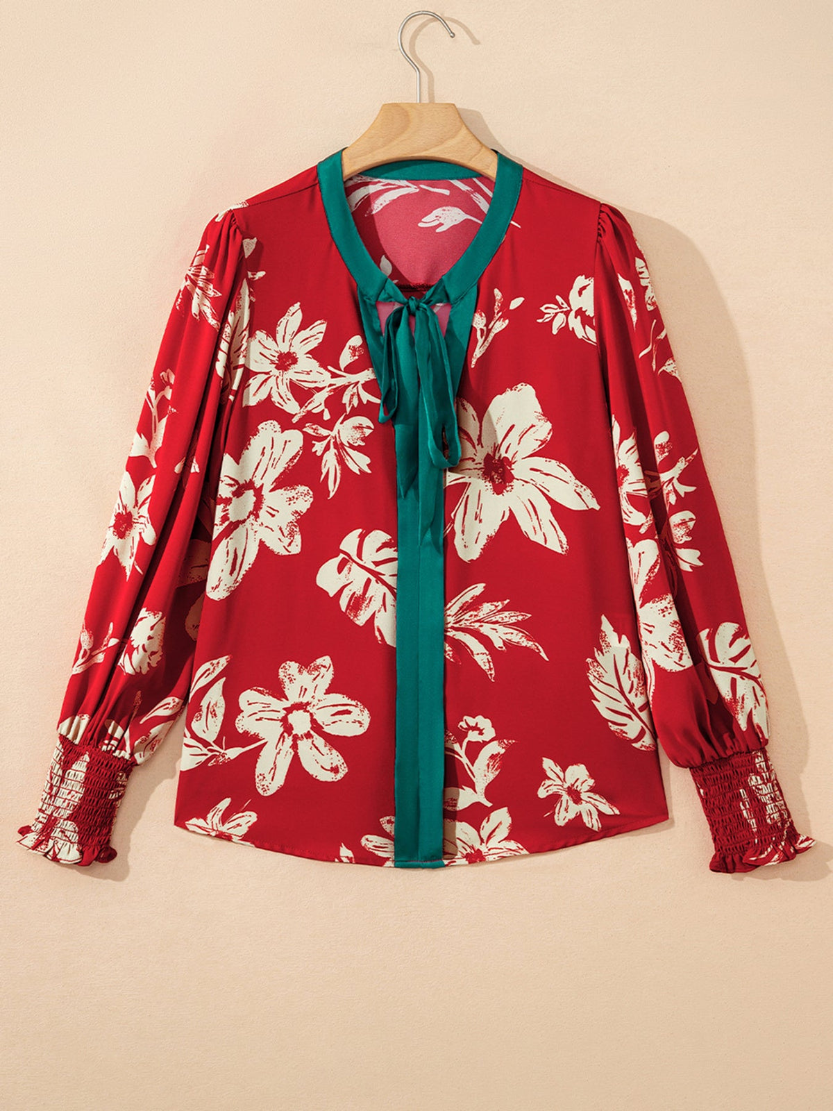 Contrast Tied Neck Shirred Puff Sleeve Flower Blouse