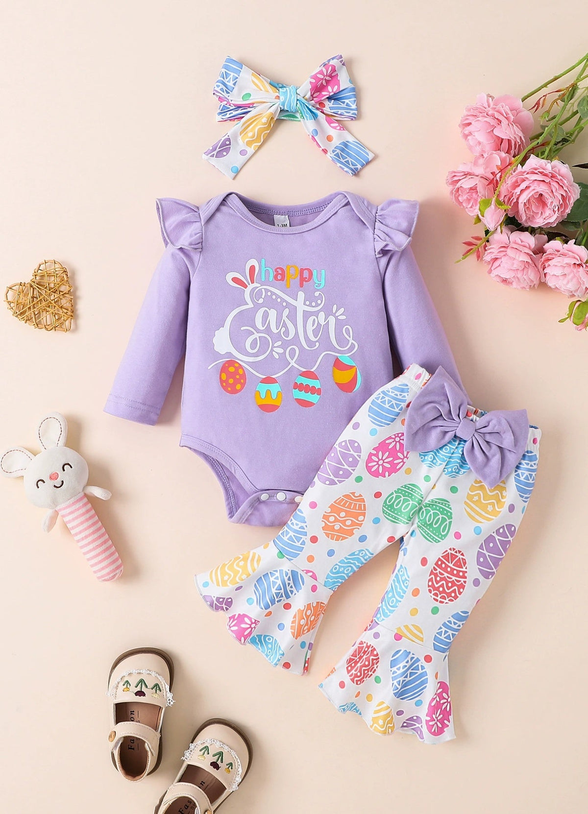 Children's Ruffled Bodysuit and Pants Set with Headband