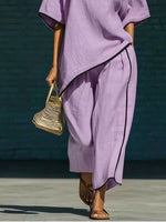Full Size Contrast Trim Half Sleeve Top and Pants Set Plus Size
