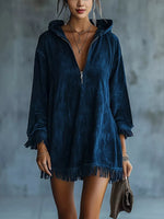 Full Size Hooded Fringed Half Zip Mini Dress Plus Size