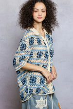 POL Openwork Short Sleeve Crochet Shirt with Border Accents
