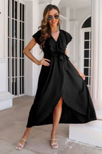 Tied Front Ruffled Short Sleeve Midi Dress