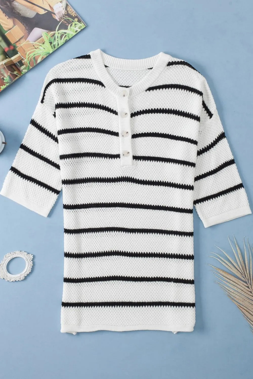 Stripe Drop Shoulder Side Slit Knit Top