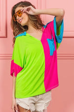 BiBi Slinky Knit Color Block V Neck Front Top