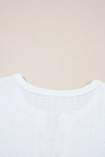 Textured Hollow Grommet Placket Split Neck Short Sleeve Top