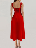 Scalloped V-Neck Midi Dress with Back Lace-Up