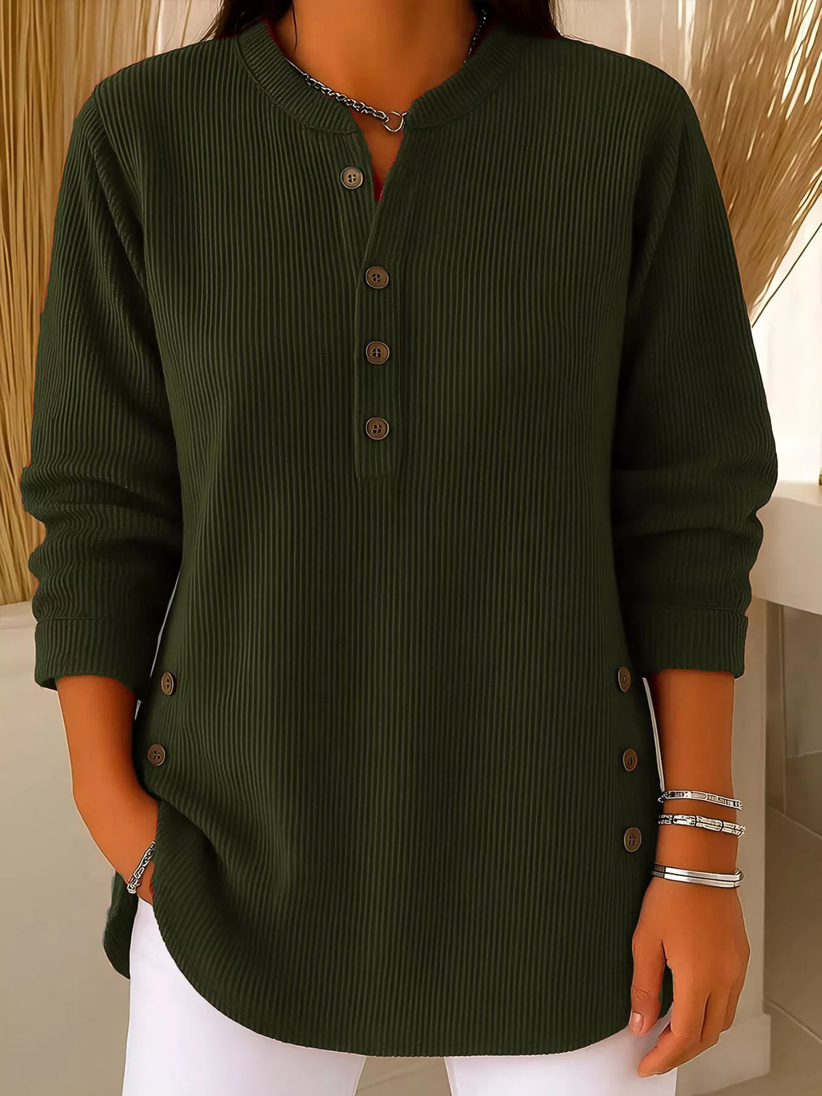 Full Size Ribbed Half Button Henley Top Plus Size
