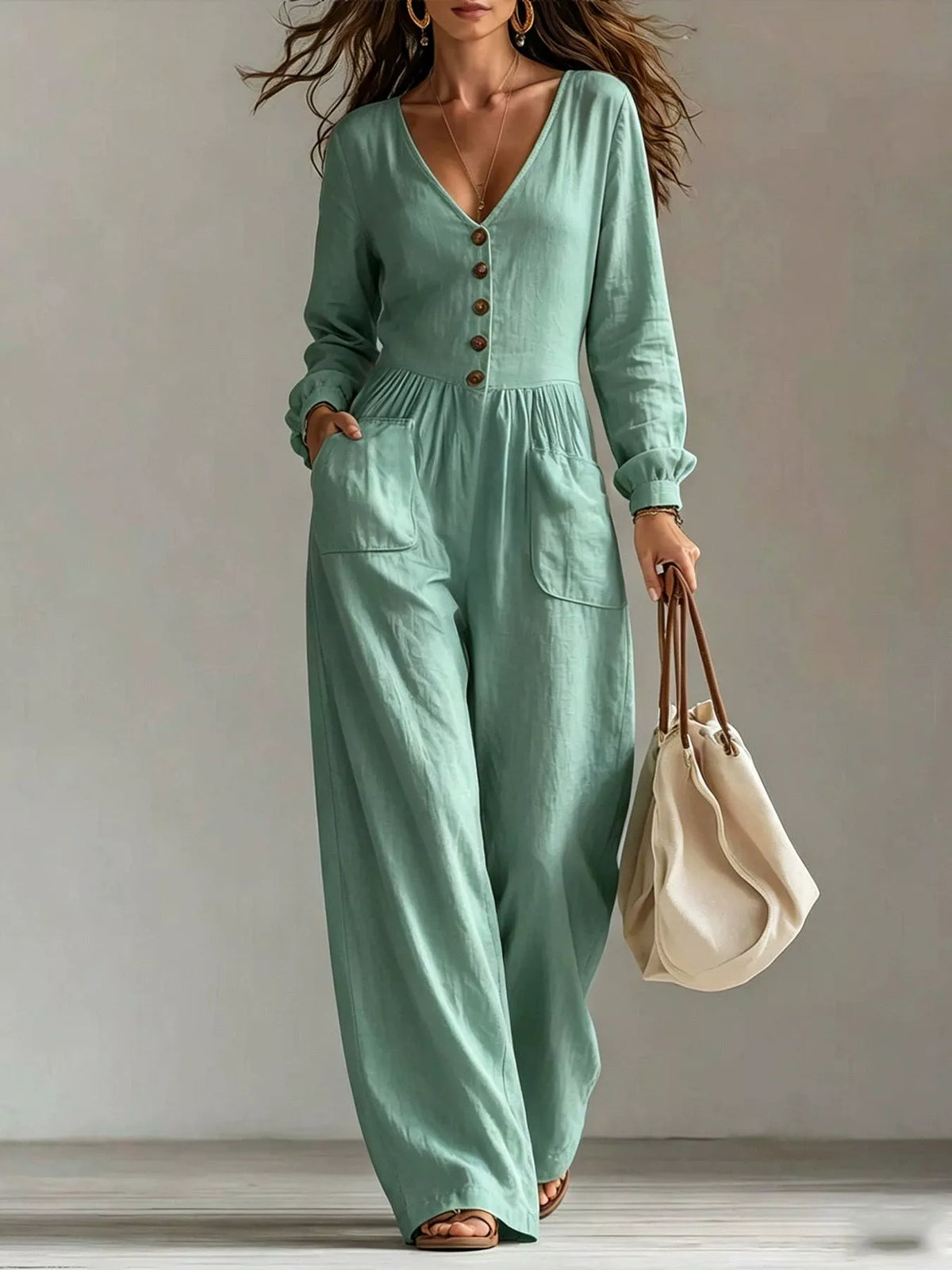 V-Neck Long Sleeve Button-Down Wide Leg Jumpsuit