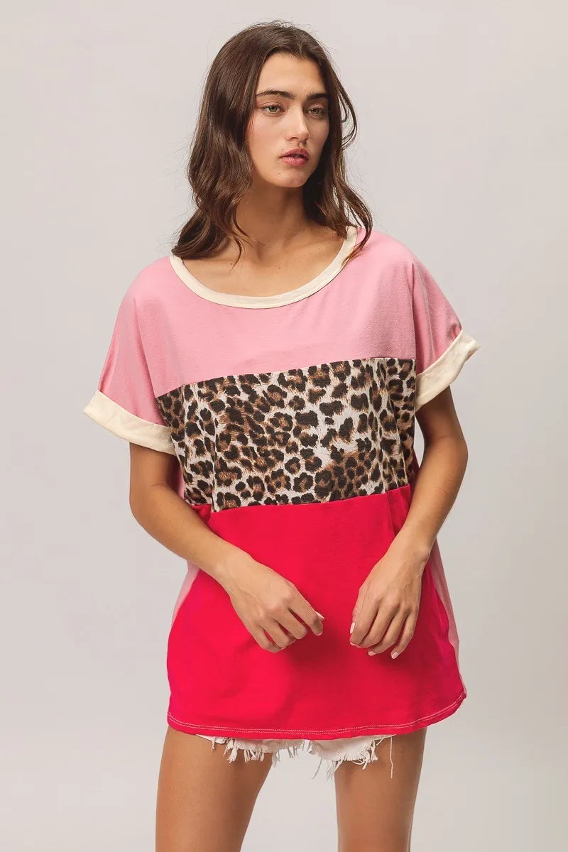 BiBi Leopard Printed JerseyColor Block Roll Up