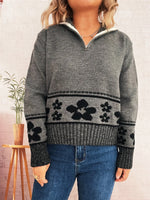 Flower Zip Collar Long Sleeve Sweater