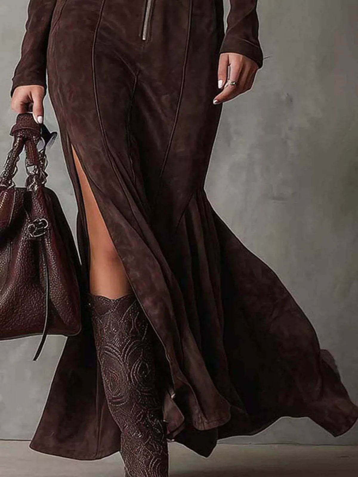 Full Size Slit Zip Front Long Sleeve Dress Plus Size