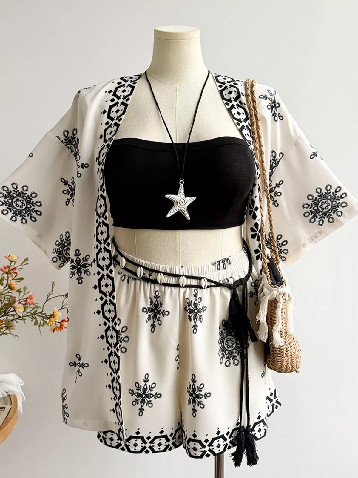 Plus Size Printed Open Front Cardigan and Shorts Set