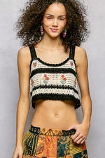 POL Floral Embroidered Cropped Crochet Cami with Scalloped Hem