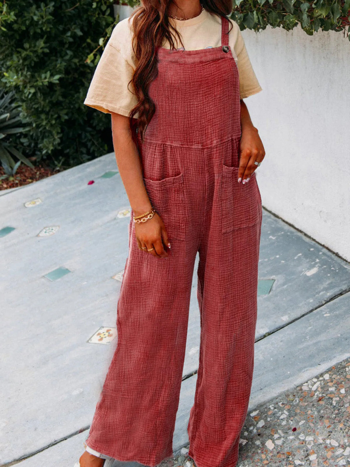 Full Size Casual Wide Leg Textured Overalls Plus Size