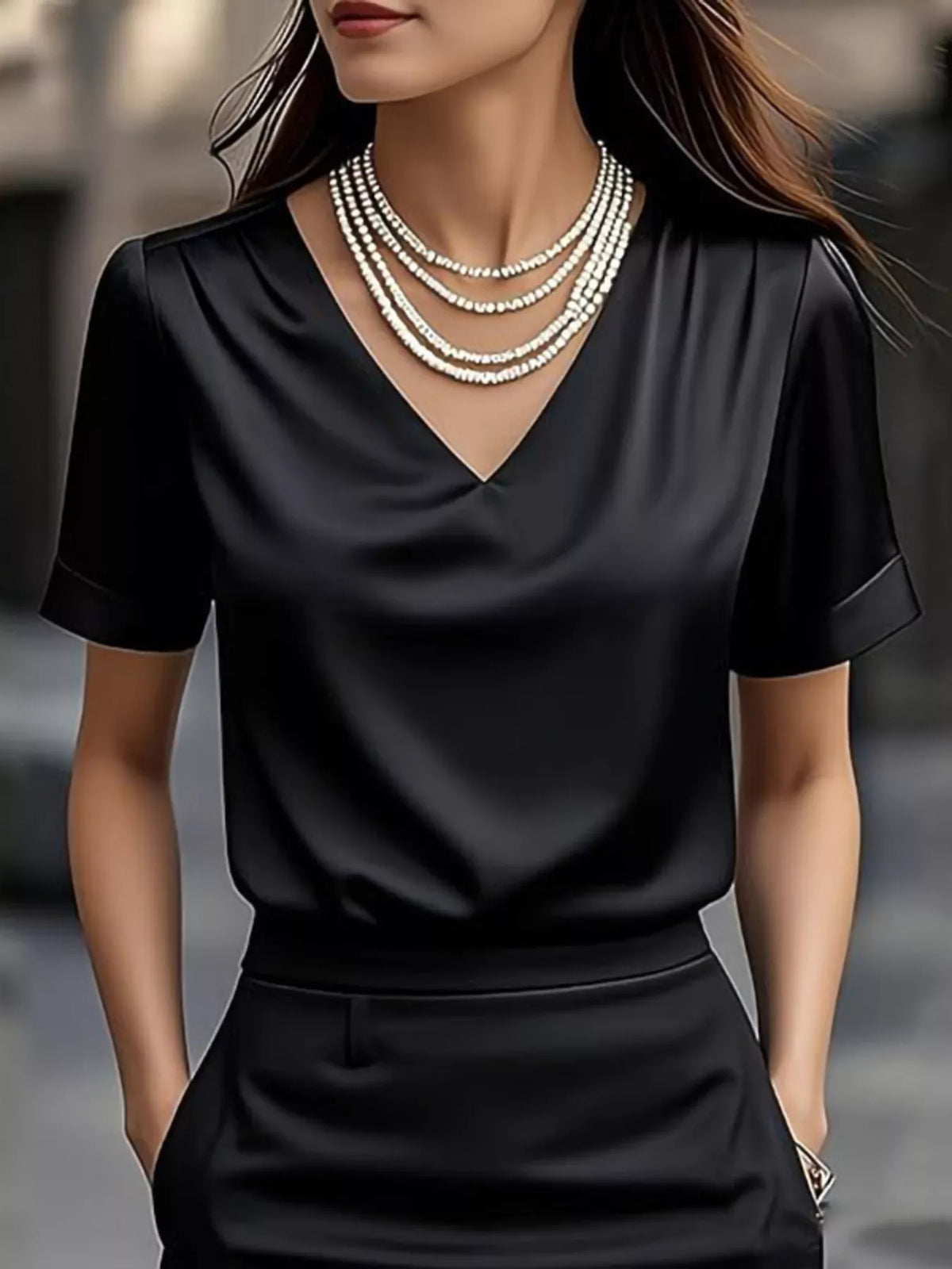 V-Neck Short Sleeve Satin Blouse