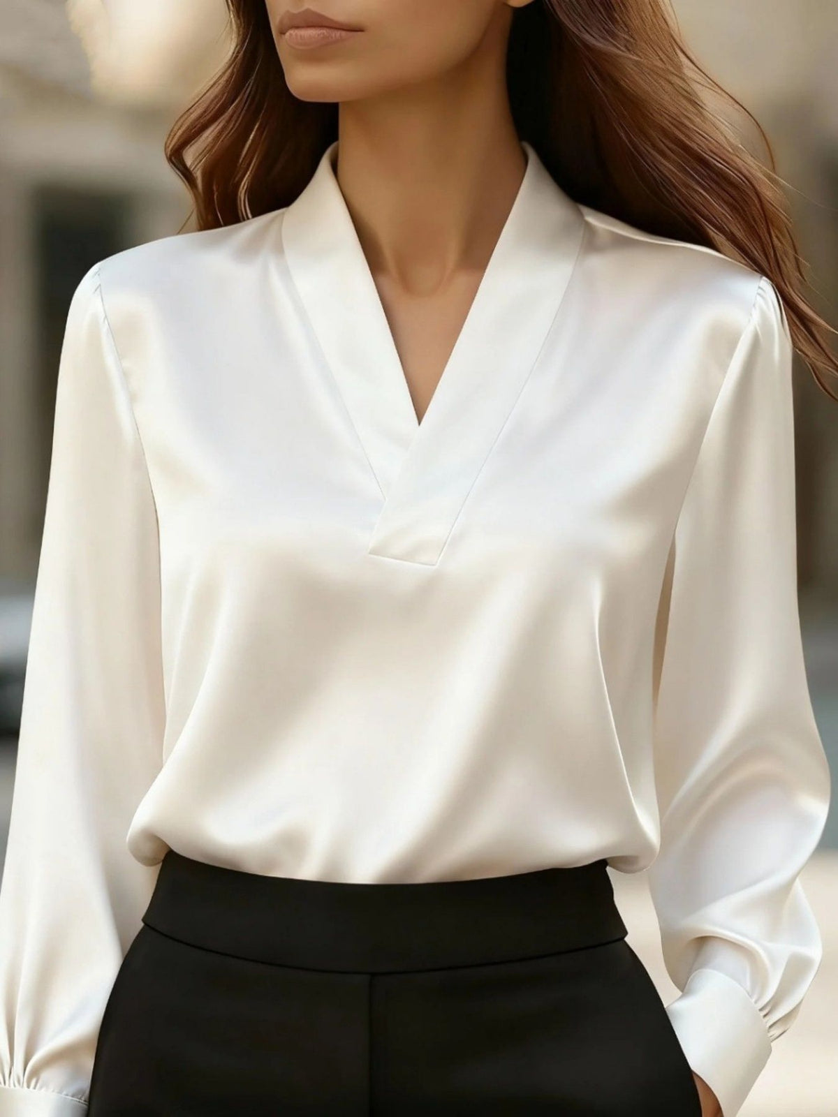 V-Neck Long Sleeve Satin Blouse