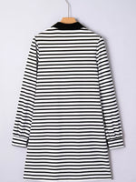Stripe Buttoned Front Collared Long Sleeve T Shirt Dress with Pockets