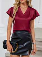 Satin V-Neck Flutter Sleeve Blouse