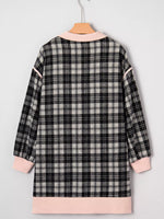 Plaid Polo Collar Zip up Contrast Trim Shift Long Sleeve Mini Dress