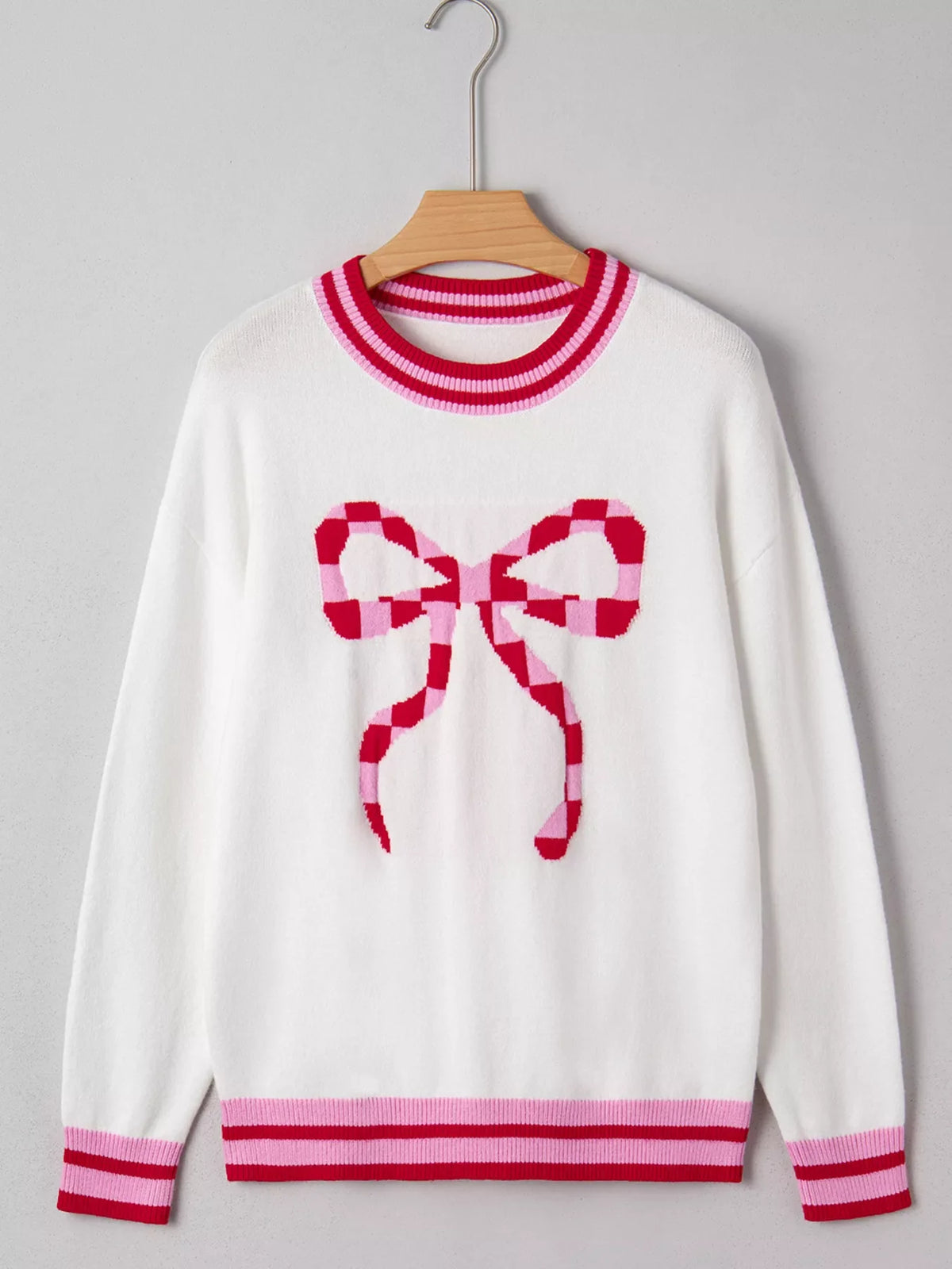 Striped Trim Bow Graphic Round Neck Drop Shoulder Sweater