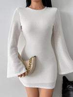 Backless Waffle Knit Flare Sleeve Mini Dress