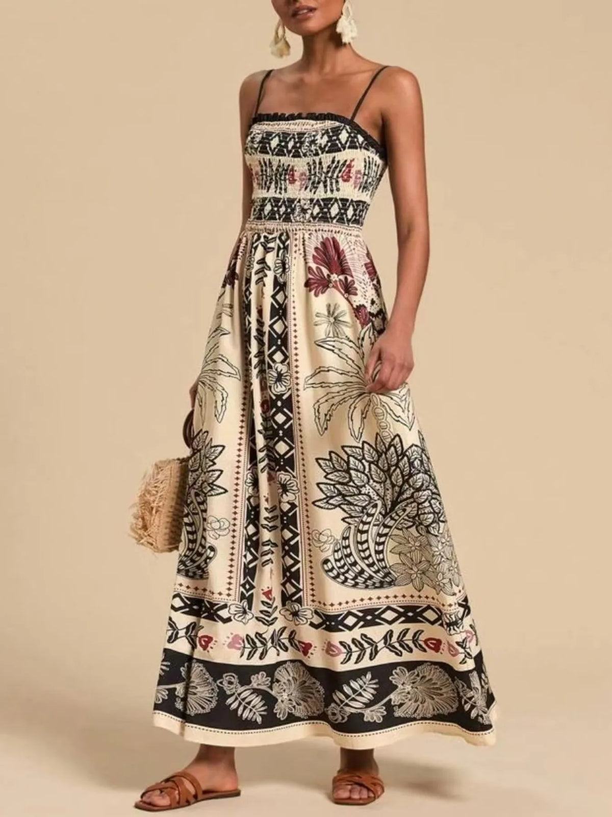 Smocked Printed Spaghetti Strap Maxi Summer Dress