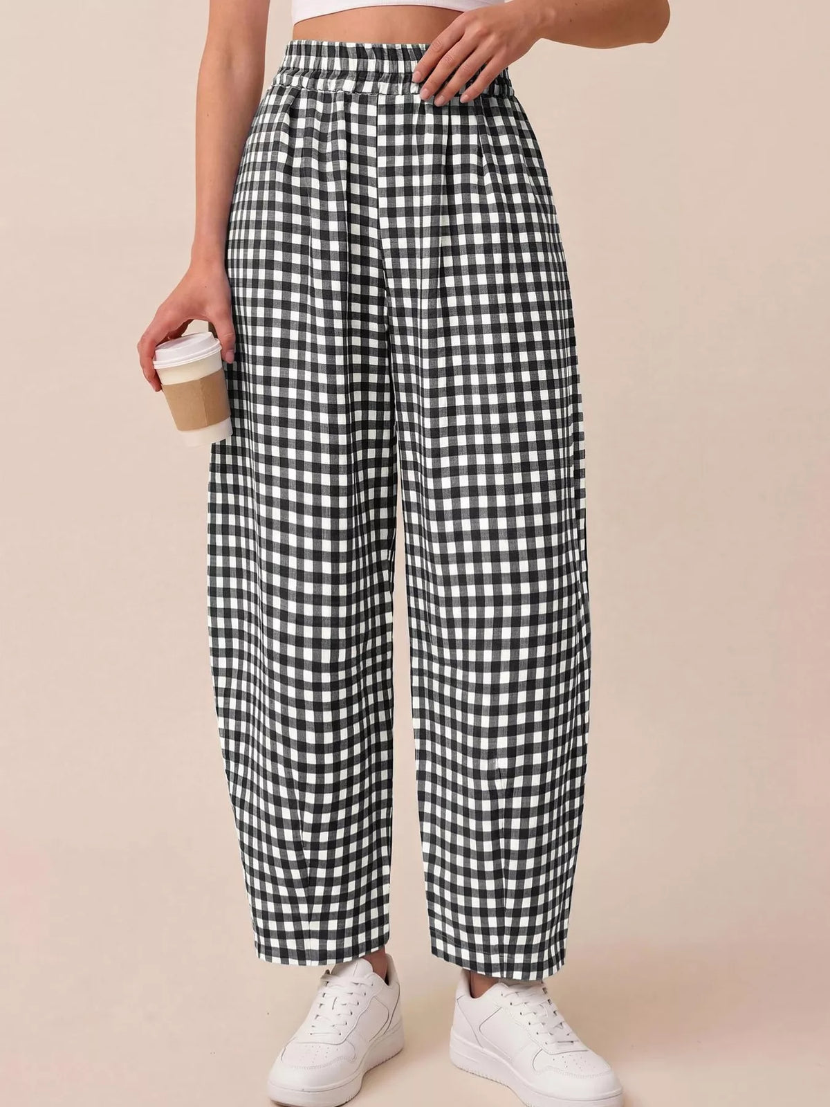 Gingham Wide-Leg Casual Pants