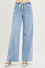 RISEN Elastic Band Slouchy Wide Jeans with Drawstring
