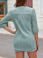 Textured Notched Top and Drawstring Shorts Set