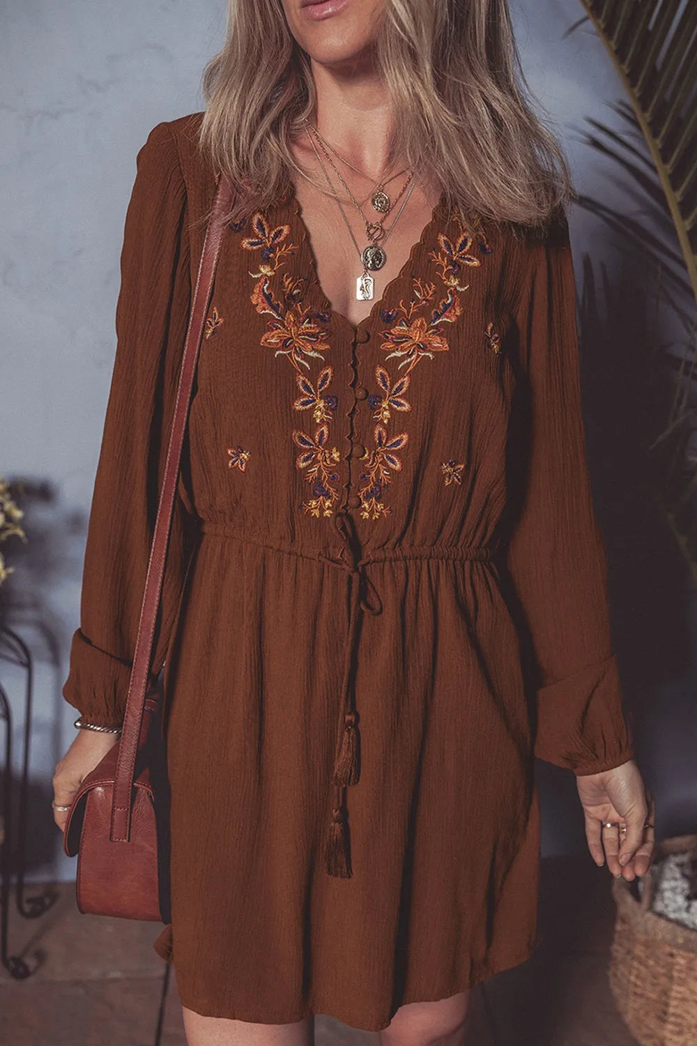 FloralEmbroidered Long Sleeve Mini Dress