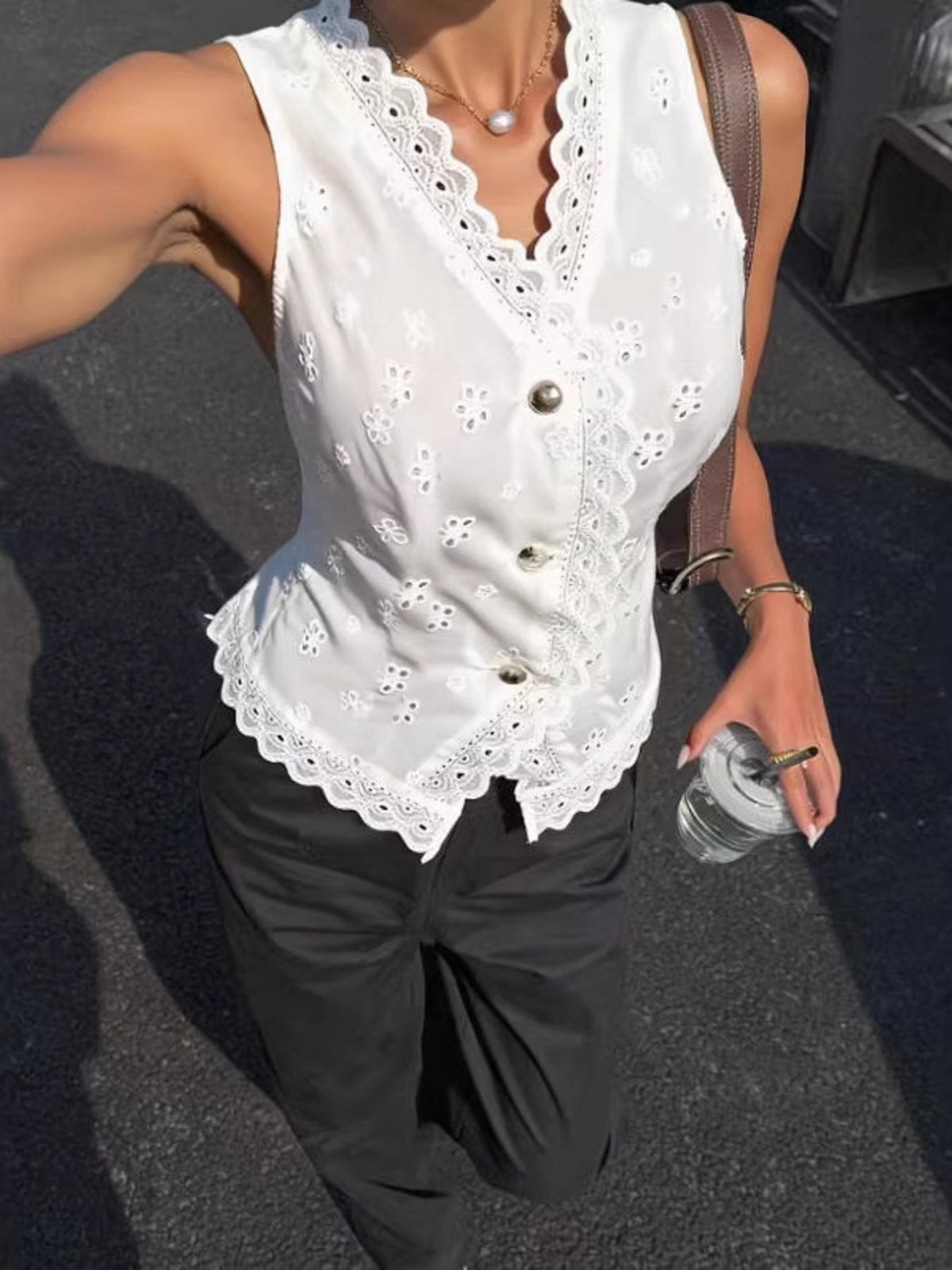 Eyelet Embroidered Button-Front Tank