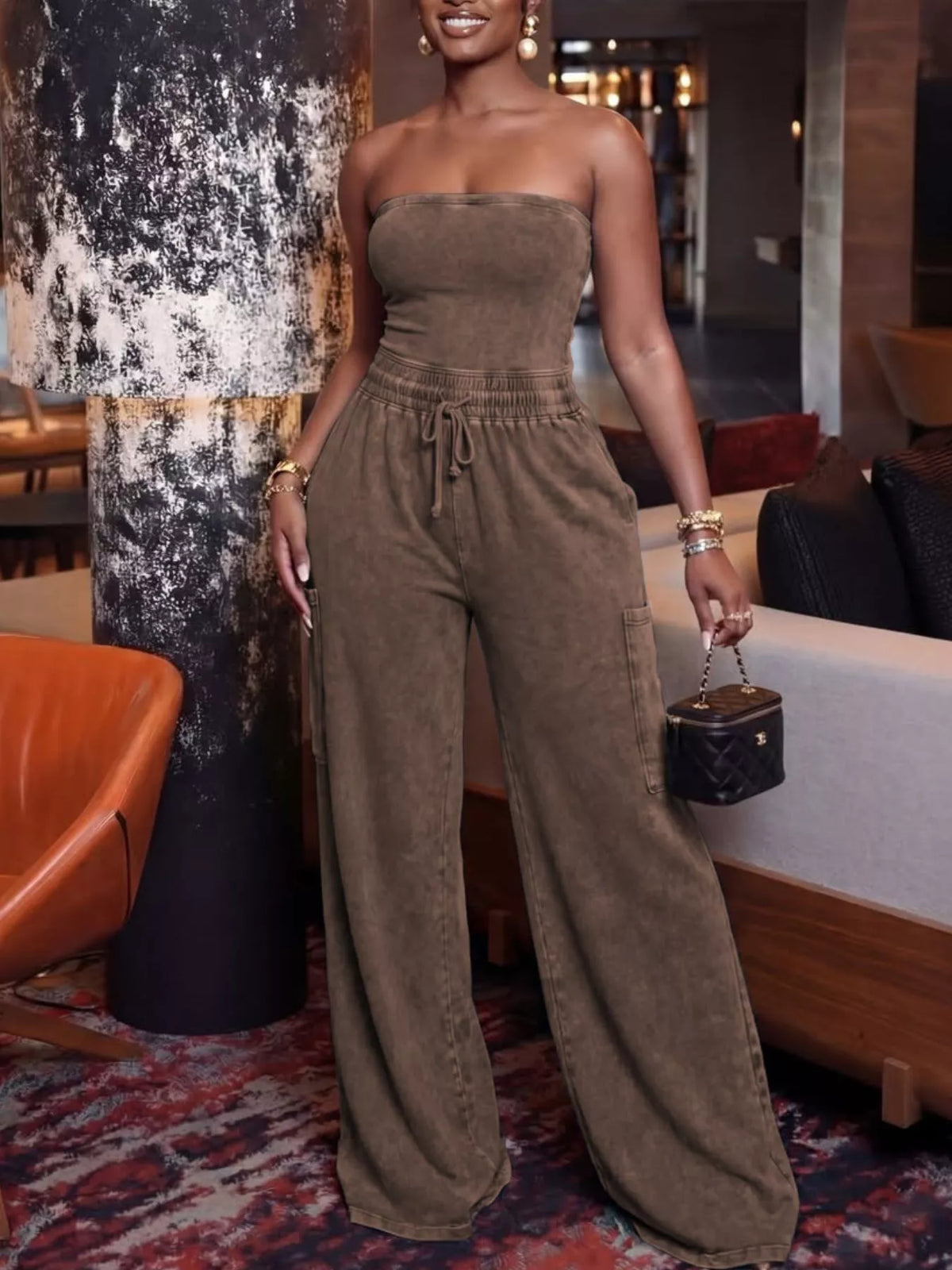 Drawstring Strapless Wide-Leg Jumpsuit