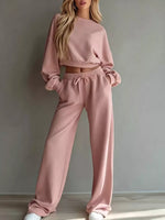 Round Neck Cropped Sweatshirt and Wide-Leg Pants Set